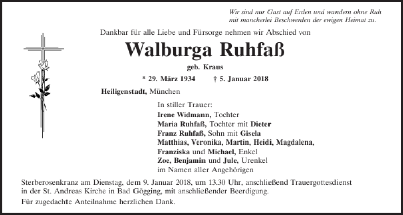  Traueranzeige für Walburga Ruhfaß vom 08.01.2018 aus Mittelbayerische Zeitung Kelheim