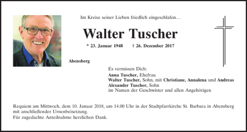  Traueranzeige für Walter Tuscher vom 05.01.2018 aus Mittelbayerische Zeitung Kelheim