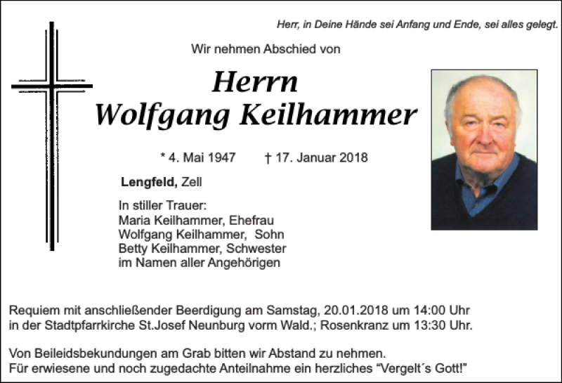  Traueranzeige für Wolfgang Keilhammer vom 19.01.2018 aus Mittelbayerische Zeitung Schwandorf