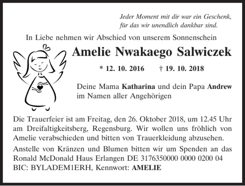  Traueranzeige für Amelie Nwakaego Salwiczek vom 24.10.2018 aus Mittelbayerische Zeitung Regensburg