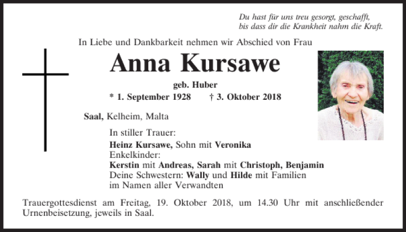 Traueranzeigen Von Anna Kursawe Mittelbayerische Trauer