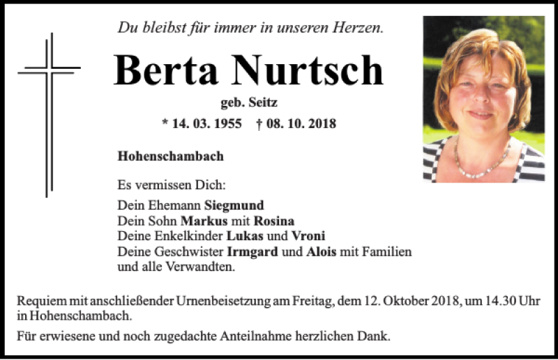  Traueranzeige für Berta Nurtsch vom 11.10.2018 aus Mittelbayerische Zeitung Regensburg