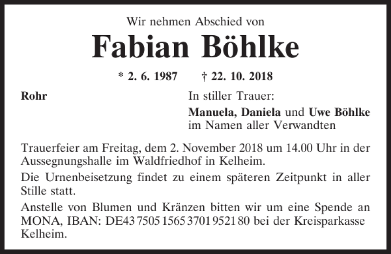  Traueranzeige für Fabian Böhlke vom 30.10.2018 aus Mittelbayerische Zeitung Kelheim