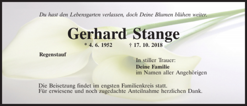  Traueranzeige für Gerhard Stange vom 20.10.2018 aus Mittelbayerische Zeitung Regensburg