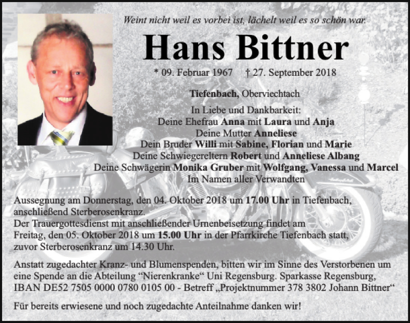  Traueranzeige für Hans Bittner vom 02.10.2018 aus Bayerwald Echo