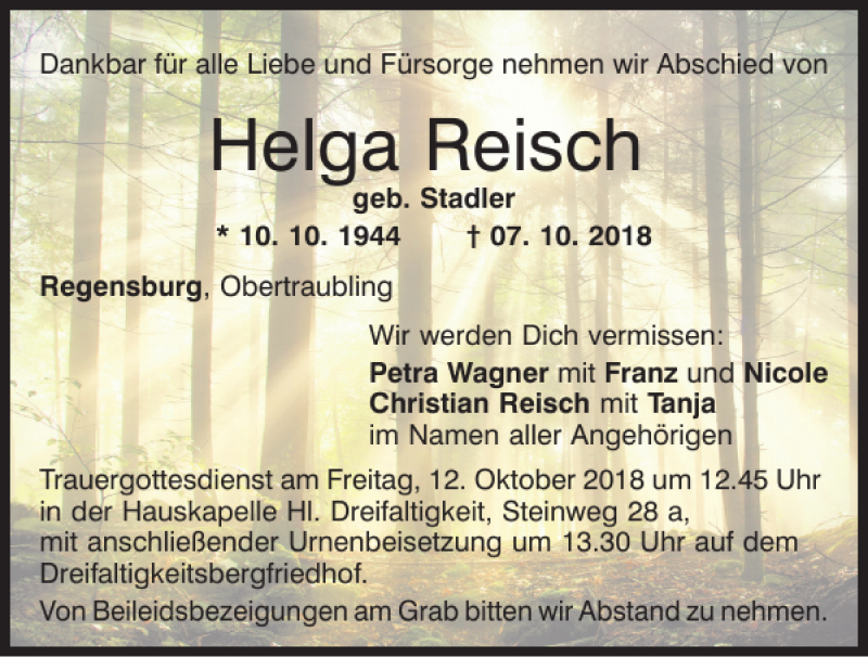  Traueranzeige für Helga Reisch vom 10.10.2018 aus Mittelbayerische Zeitung Regensburg