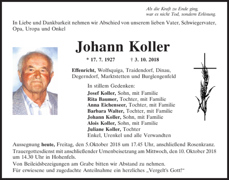  Traueranzeige für Johann Koller vom 05.10.2018 aus Neumarkter Tagblatt