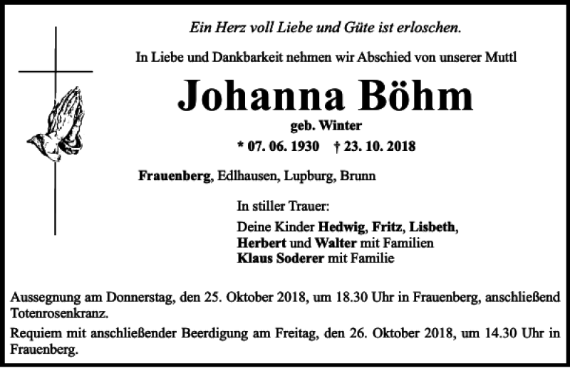  Traueranzeige für Johanna Böhm vom 24.10.2018 aus Neumarkter Tagblatt