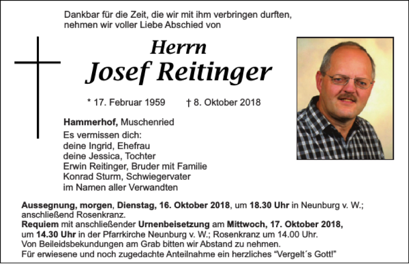  Traueranzeige für Josef Reitinger vom 15.10.2018 aus Mittelbayerische Zeitung Schwandorf