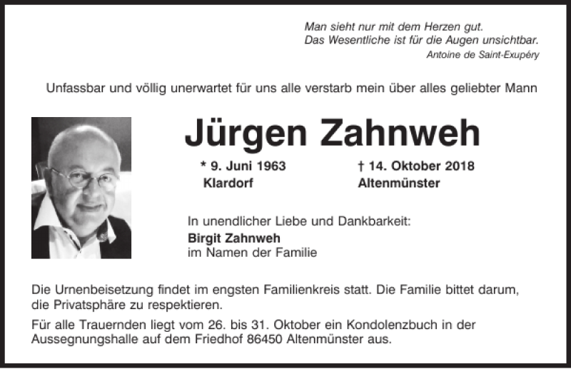  Traueranzeige für Jürgen Zahnweh vom 19.10.2018 aus Mittelbayerische Zeitung Schwandorf