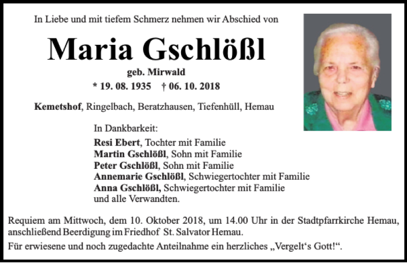  Traueranzeige für Maria Gschlößl vom 09.10.2018 aus Mittelbayerische Zeitung Regensburg