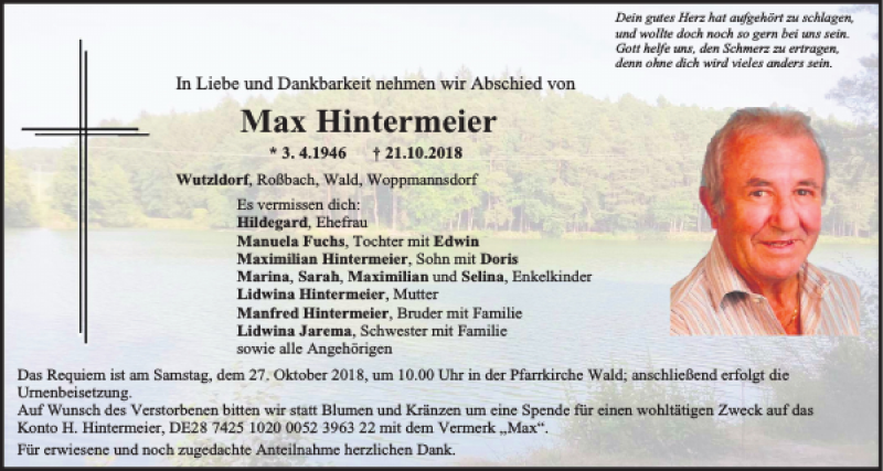  Traueranzeige für Max Hintermeier vom 25.10.2018 aus Bayerwald Echo