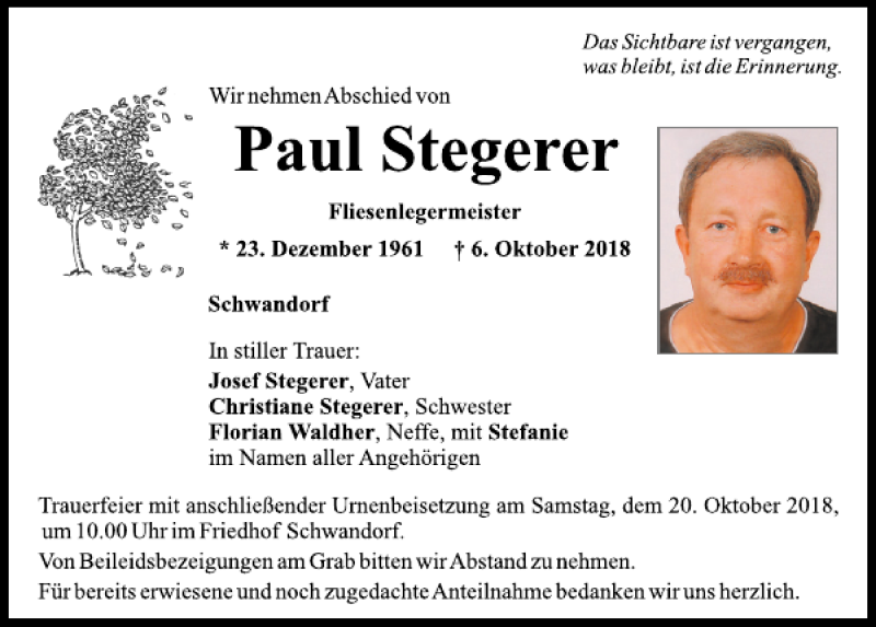  Traueranzeige für Paul Stegerer vom 16.10.2018 aus Mittelbayerische Zeitung Schwandorf