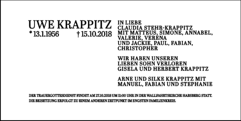  Traueranzeige für Uwe Krappitz vom 20.10.2018 aus Neumarkter Tagblatt