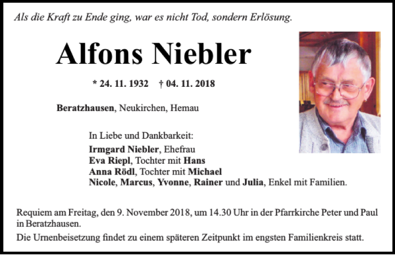  Traueranzeige für Alfons Niebler vom 07.11.2018 aus Mittelbayerische Zeitung Regensburg