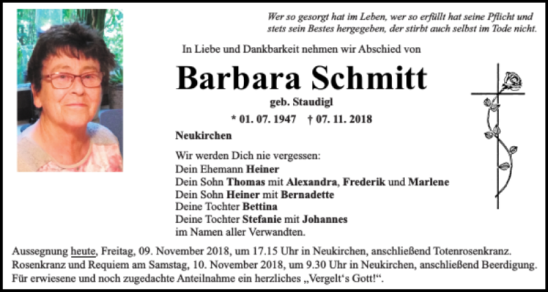  Traueranzeige für Barbara Schmitt vom 09.11.2018 aus Mittelbayerische Zeitung Regensburg