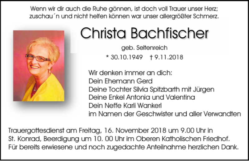  Traueranzeige für Christa Bachfischer vom 15.11.2018 aus Mittelbayerische Zeitung Regensburg