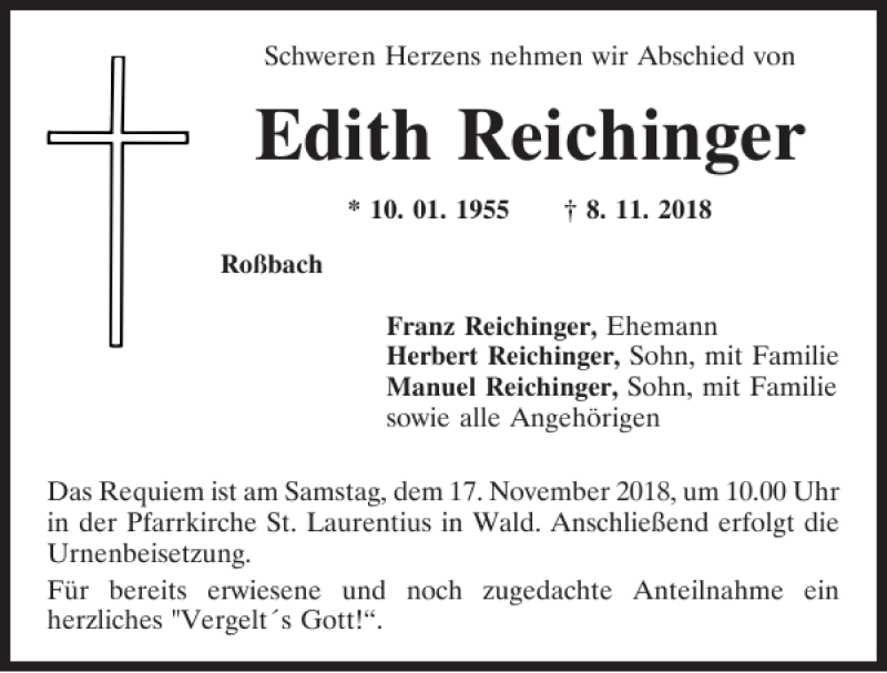  Traueranzeige für Edith Reichinger vom 14.11.2018 aus Bayerwald Echo