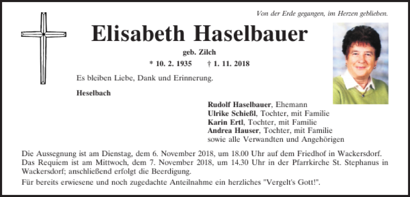  Traueranzeige für Elisabeth Haselbauer vom 05.11.2018 aus Mittelbayerische Zeitung Schwandorf