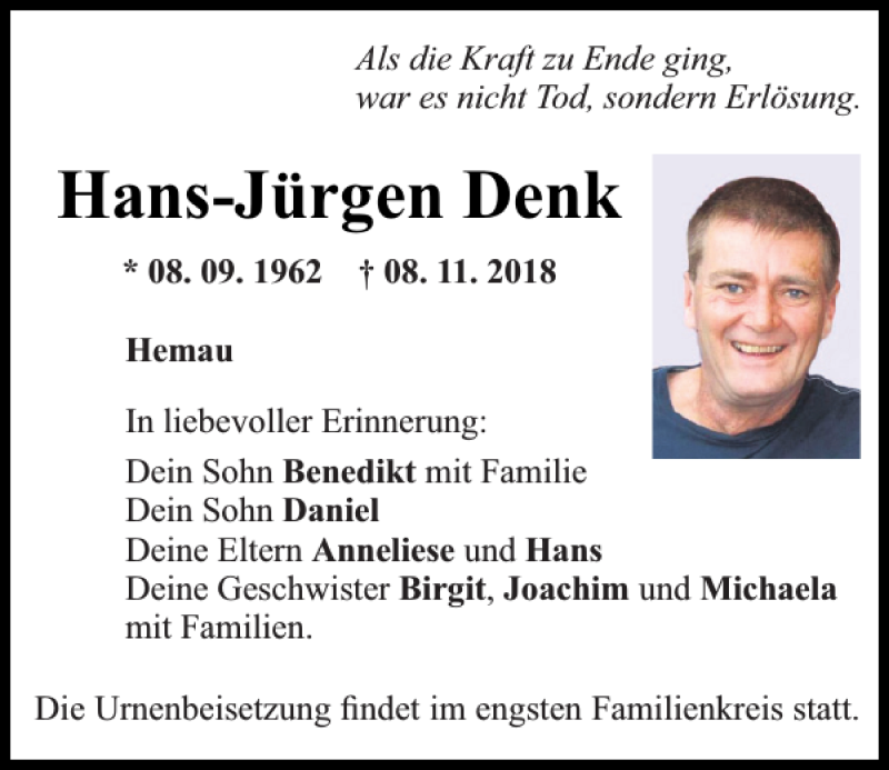  Traueranzeige für Hans-Jürgen Denk vom 13.11.2018 aus Mittelbayerische Zeitung Regensburg