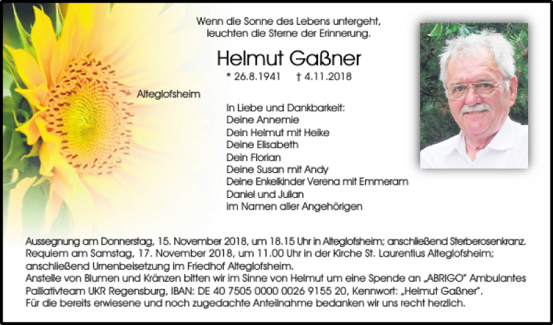  Traueranzeige für Helmut Gaßner vom 10.11.2018 aus Mittelbayerische Zeitung Regensburg