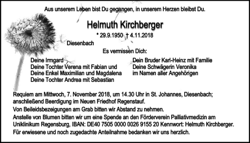  Traueranzeige für Helmuth Kirchberger vom 06.11.2018 aus Mittelbayerische Zeitung Regensburg