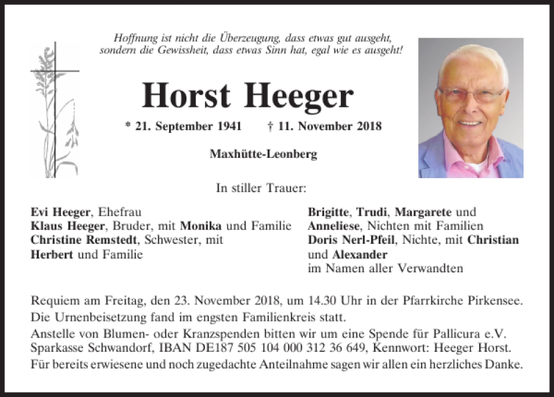  Traueranzeige für Horst Heeger vom 20.11.2018 aus Mittelbayerische Zeitung Regensburg