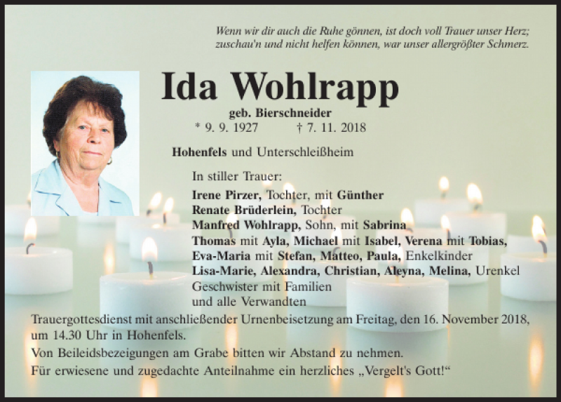  Traueranzeige für Ida Wohlrapp vom 13.11.2018 aus Neumarkter Tagblatt