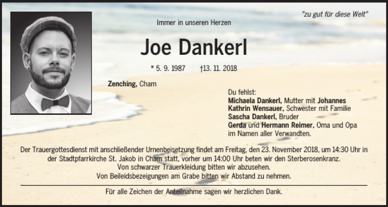  Traueranzeige für Joe Dankerl vom 21.11.2018 aus Bayerwald Echo