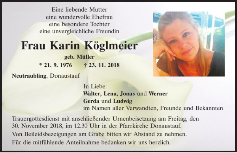  Traueranzeige für Karin Köglmeier vom 27.11.2018 aus Mittelbayerische Zeitung Regensburg