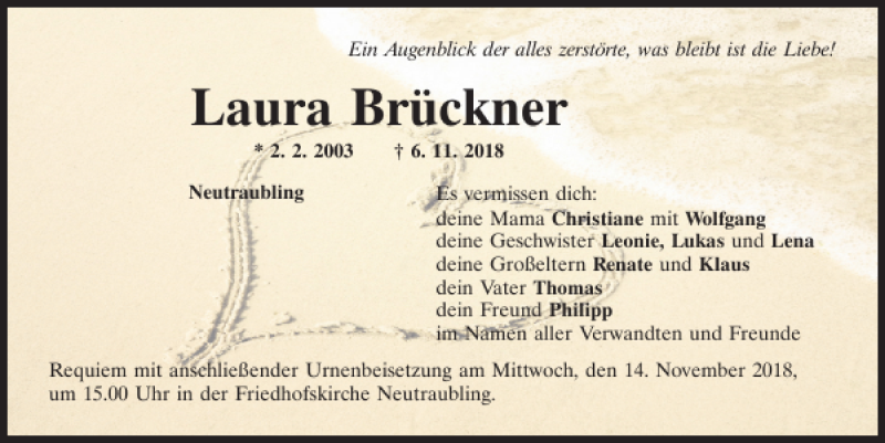  Traueranzeige für Laura Brückner vom 10.11.2018 aus Mittelbayerische Zeitung Regensburg