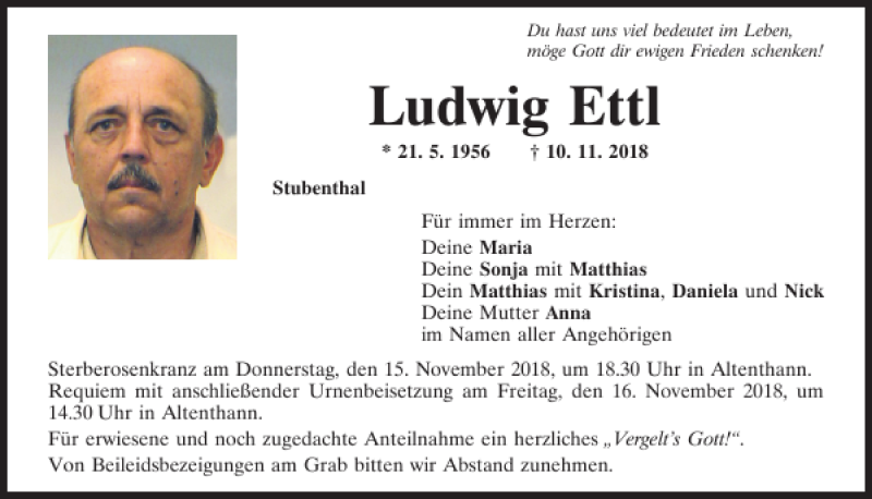  Traueranzeige für Ludwig Ettl vom 14.11.2018 aus Mittelbayerische Zeitung Regensburg