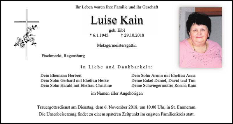  Traueranzeige für Luise Kain vom 03.11.2018 aus Mittelbayerische Zeitung Regensburg