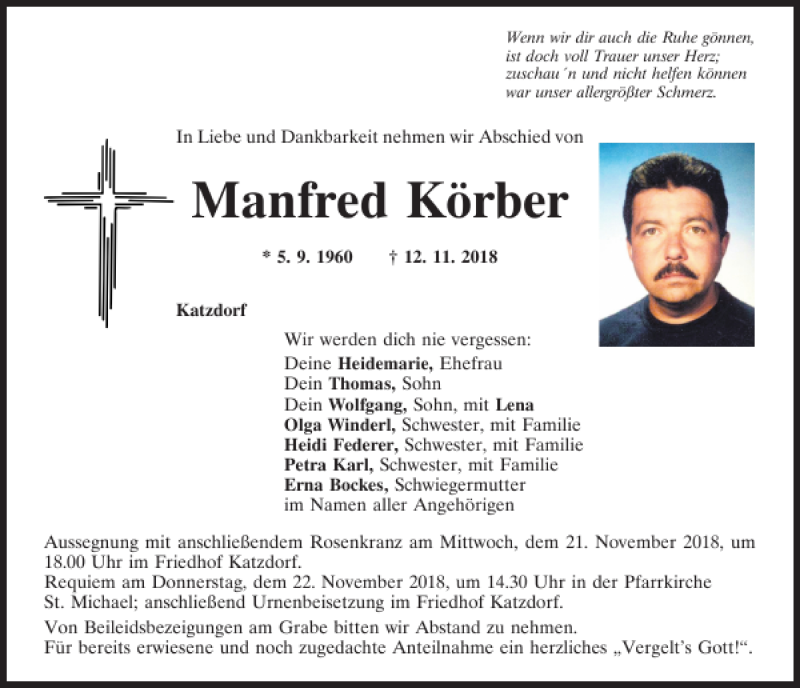  Traueranzeige für Manfred Körber vom 19.11.2018 aus Mittelbayerische Zeitung Schwandorf