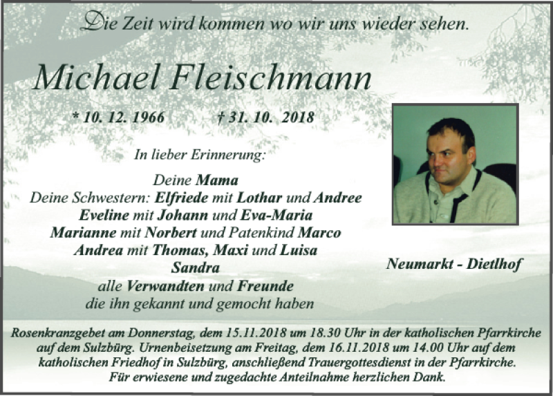  Traueranzeige für Michael Fleischmann vom 14.11.2018 aus Neumarkter Tagblatt