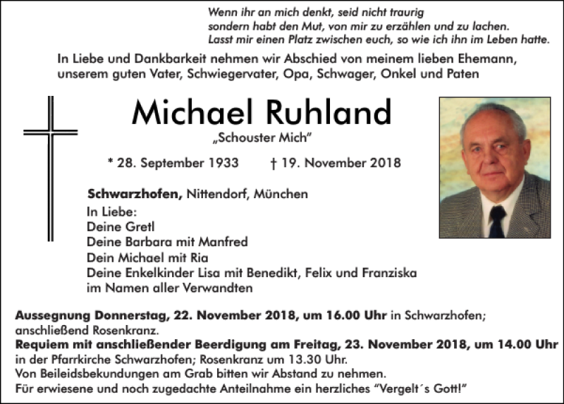  Traueranzeige für Michael Ruhland vom 21.11.2018 aus Mittelbayerische Zeitung Schwandorf