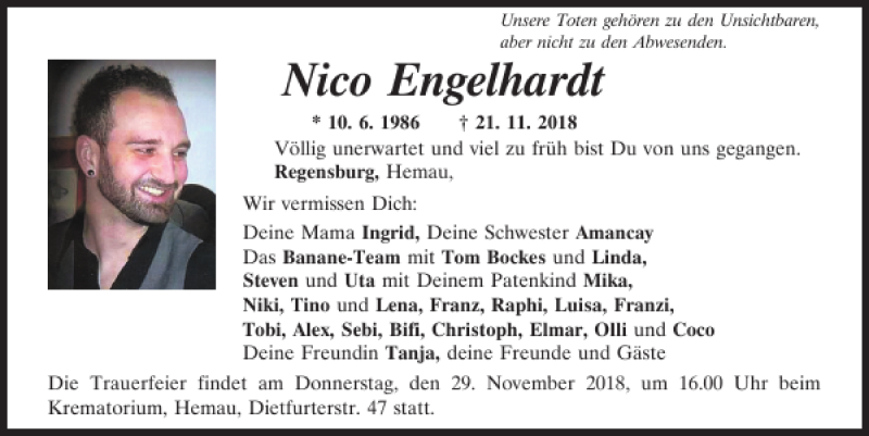  Traueranzeige für Nico Engelhardt vom 27.11.2018 aus Mittelbayerische Zeitung Regensburg