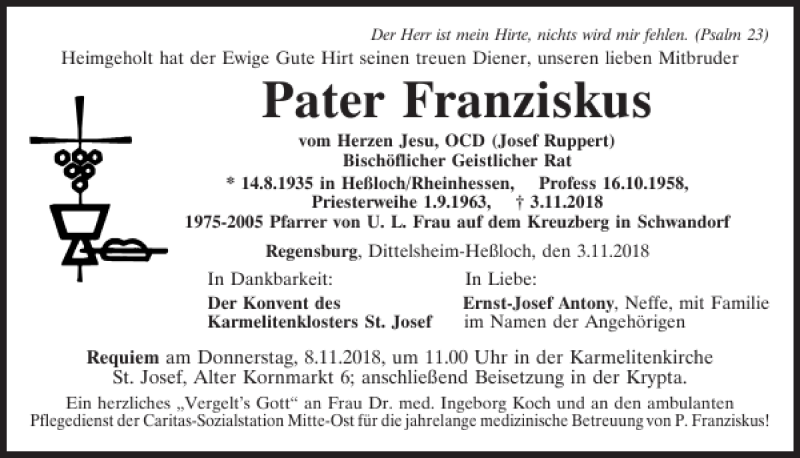  Traueranzeige für Pater Franziskus vom 06.11.2018 aus Mittelbayerische Zeitung Regensburg