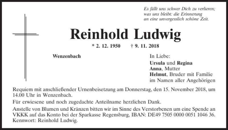  Traueranzeige für Reinhold Ludwig vom 14.11.2018 aus Mittelbayerische Zeitung Regensburg