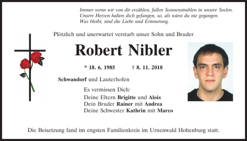  Traueranzeige für Robert Nibler vom 17.11.2018 aus Neumarkter Tagblatt