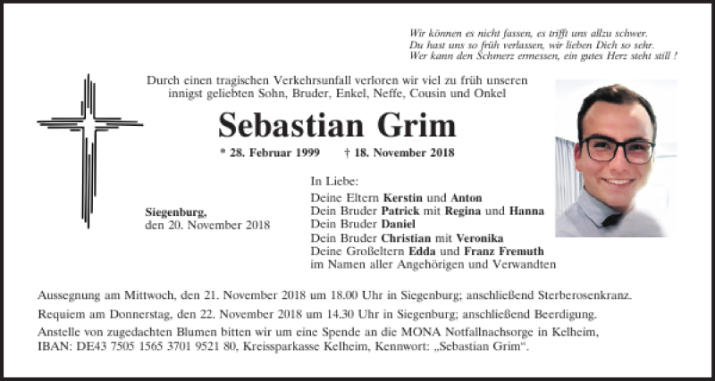  Traueranzeige für Sebastian Grim vom 20.11.2018 aus Mittelbayerische Zeitung Kelheim