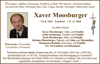 Traueranzeige von Xaver Moosburger von Neumarkter Tagblatt