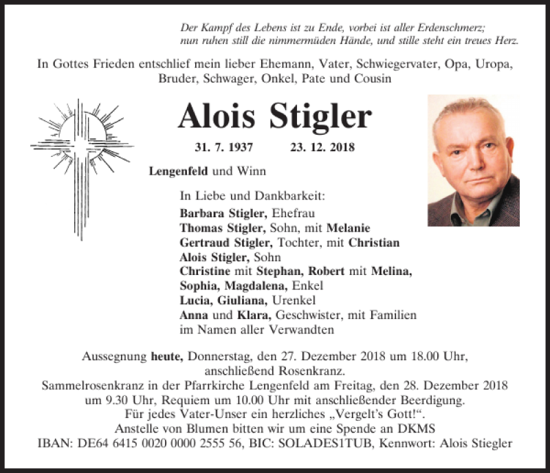  Traueranzeige für Alois Stiegler vom 27.12.2018 aus Neumarkter Tagblatt