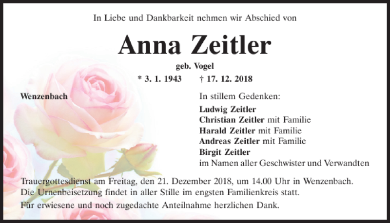  Traueranzeige für Anna Zeitler vom 19.12.2018 aus Mittelbayerische Zeitung Regensburg