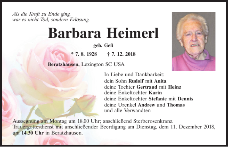  Traueranzeige für Barbara Heimerl vom 08.12.2018 aus Mittelbayerische Zeitung Regensburg