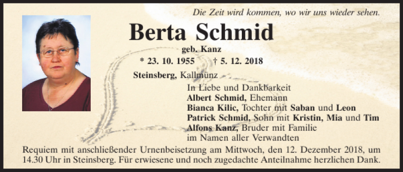  Traueranzeige für Berta Schmid vom 08.12.2018 aus Mittelbayerische Zeitung Regensburg