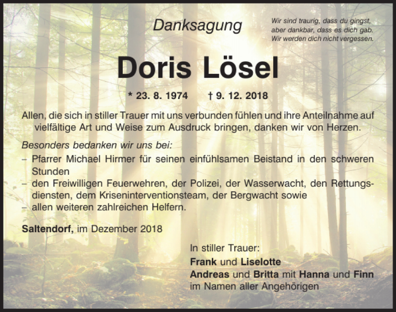  Traueranzeige für Doris Lösel vom 22.12.2018 aus Mittelbayerische Zeitung Schwandorf