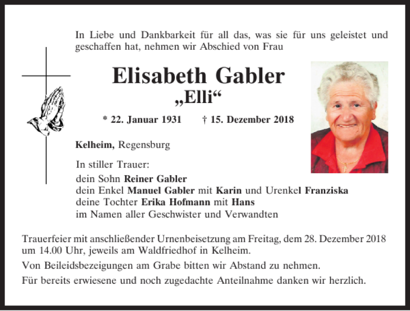 Traueranzeigen von Elisabeth Gabler | Mittelbayerische Trauer