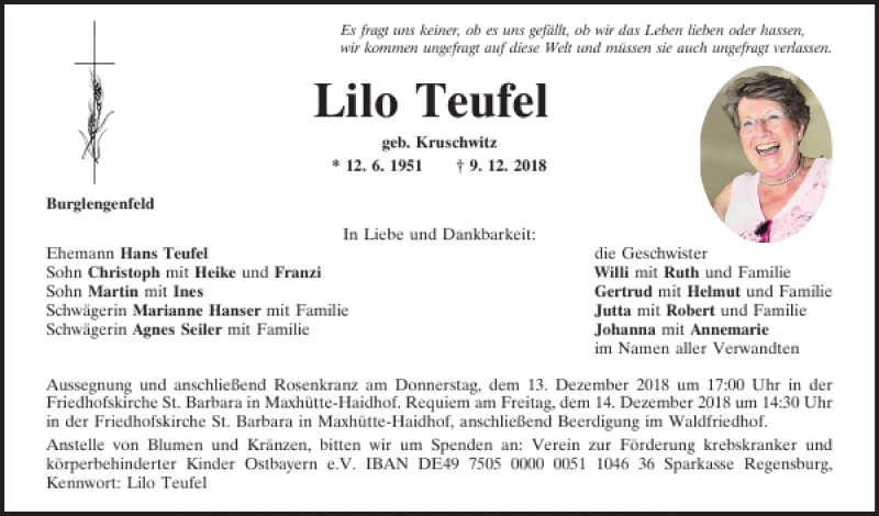  Traueranzeige für Elisabeth Teufel vom 12.12.2018 aus Mittelbayerische Zeitung Regensburg