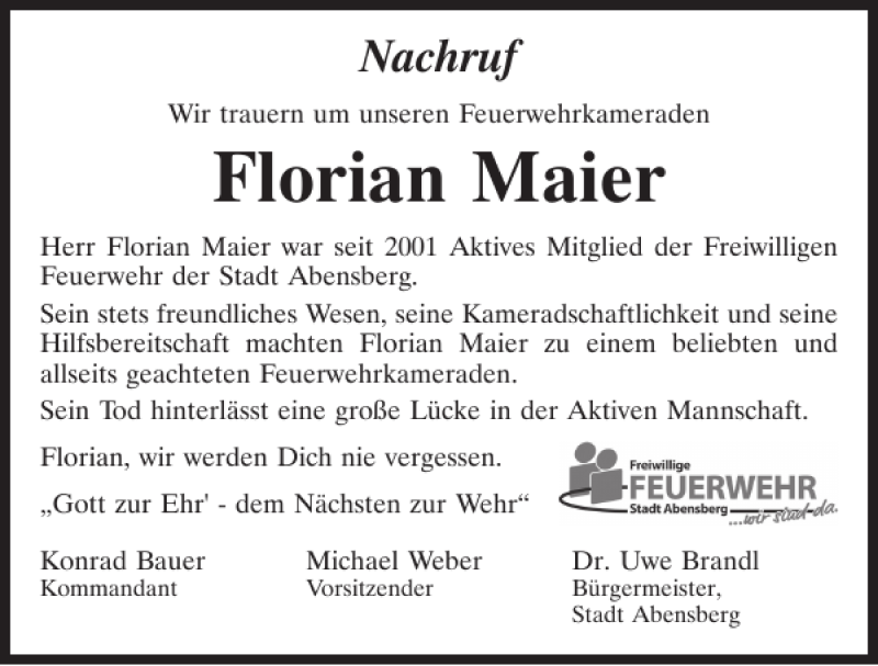  Traueranzeige für Florian Maier vom 22.12.2018 aus Mittelbayerische Zeitung Kelheim